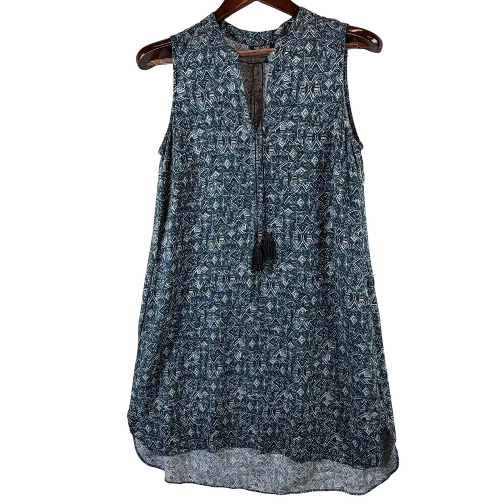 NIC+ZOE Geometric Print Dress PS Navy Green Sleeveless Tassel Pocket Boho Tunic